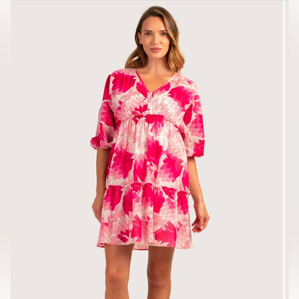 Trina Turk Pink Arco Iris 2 Chic Coastal modern romantic Babydoll Mini Dress NWT